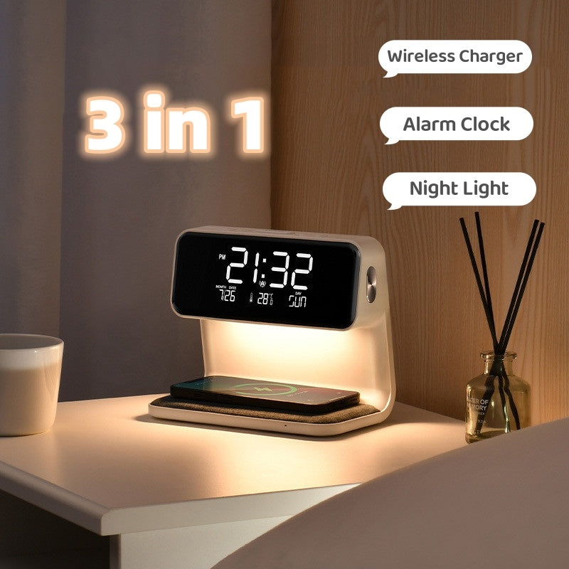 Creative 3 In 1 Bedside Lamp Wireless Charging LCD Screen Alarm Clock Wireless Phone Charger - Faciup